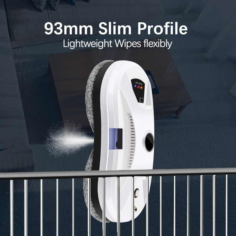 Automatic window cleaner scrubbing a high-rise apartment window from inside