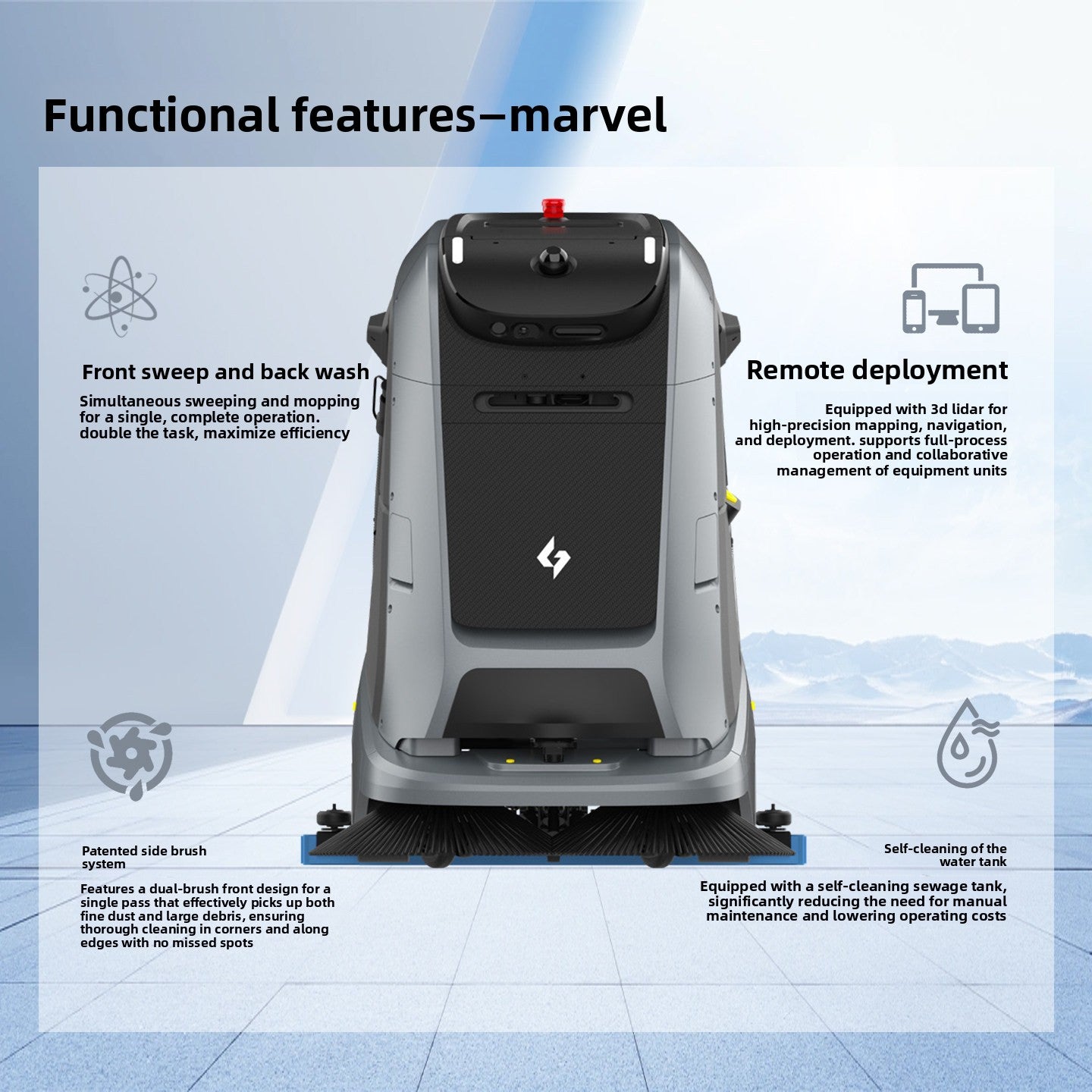 Autonomous floor scrubber cleaning a commercial building corridor