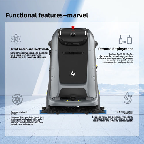 Autonomous floor scrubber cleaning a commercial building corridor